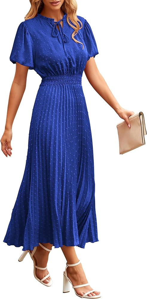 PRETTYGARDEN Womens Summer Midi Dresses Puff Short Sleeve V Neck Swiss Dot Pleated A Line Flowy L... | Amazon (US)