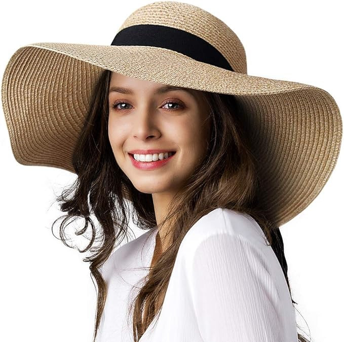 Womens Sun Straw Hat Wide Brim UPF 50 Summer Hat Foldable Roll up Floppy Beach Hats for Women | Amazon (US)