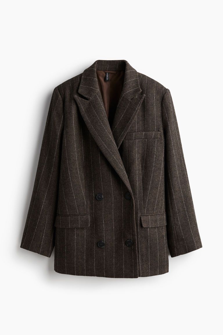 Double-Breasted Jacket - Long sleeve - Long - Dark brown/pinstriped - Ladies | H&M US | H&M (US + CA)