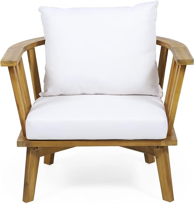 Christopher Knight Home Dean Outdoor Wooden Club Chair with Cushions, White and Teak Finish | Amazon (US)