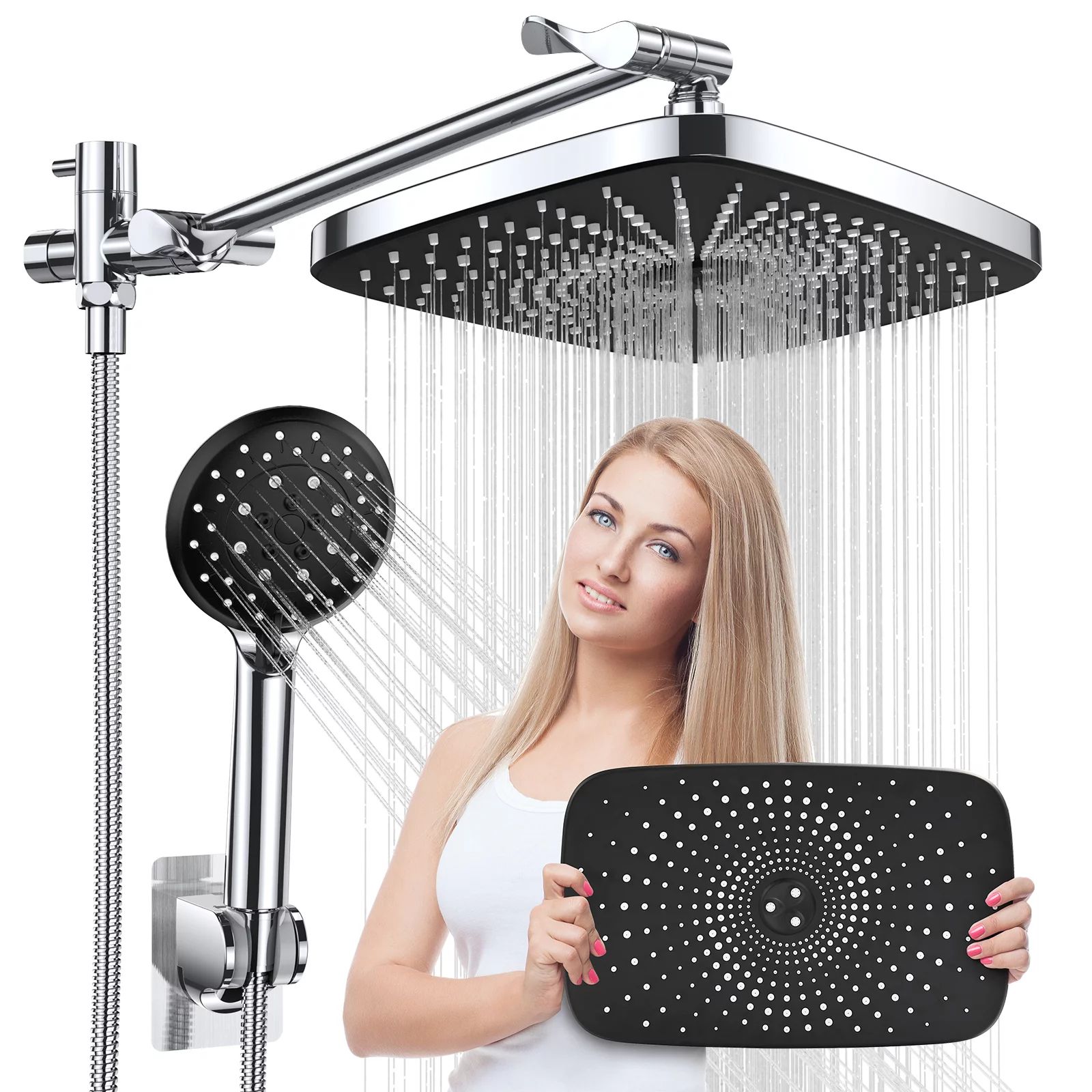 5-Setting High Pressure Shower Head, 12 inch Rain Shower Head with Handheld and Hose,Chrome & Bla... | Walmart (US)