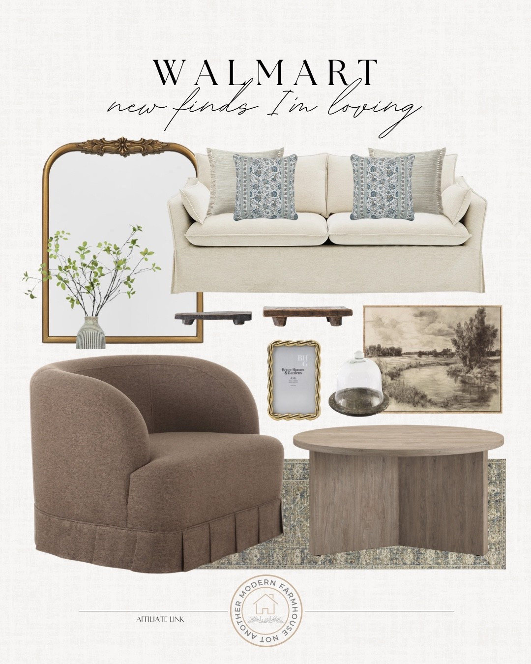 These Walmart home decor finds create a cozy neutral living room with classic, elevated style. ✨🏡

Walmart furniture, living room decor, neutral home styling, slipcovered sofa, accent swivel chair, round wood coffee table, vintage landscape artwork, brass wall mirror, decorative floating shelves, blue floral pillows, textured area rug, glass cloche decor, framed tabletop photo, modern farmhouse living room, affordable home finds, warm neutral palette, cozy seating area, cottage inspired interior, layered home accents, timeless decorating ideas 

 #LTKHome