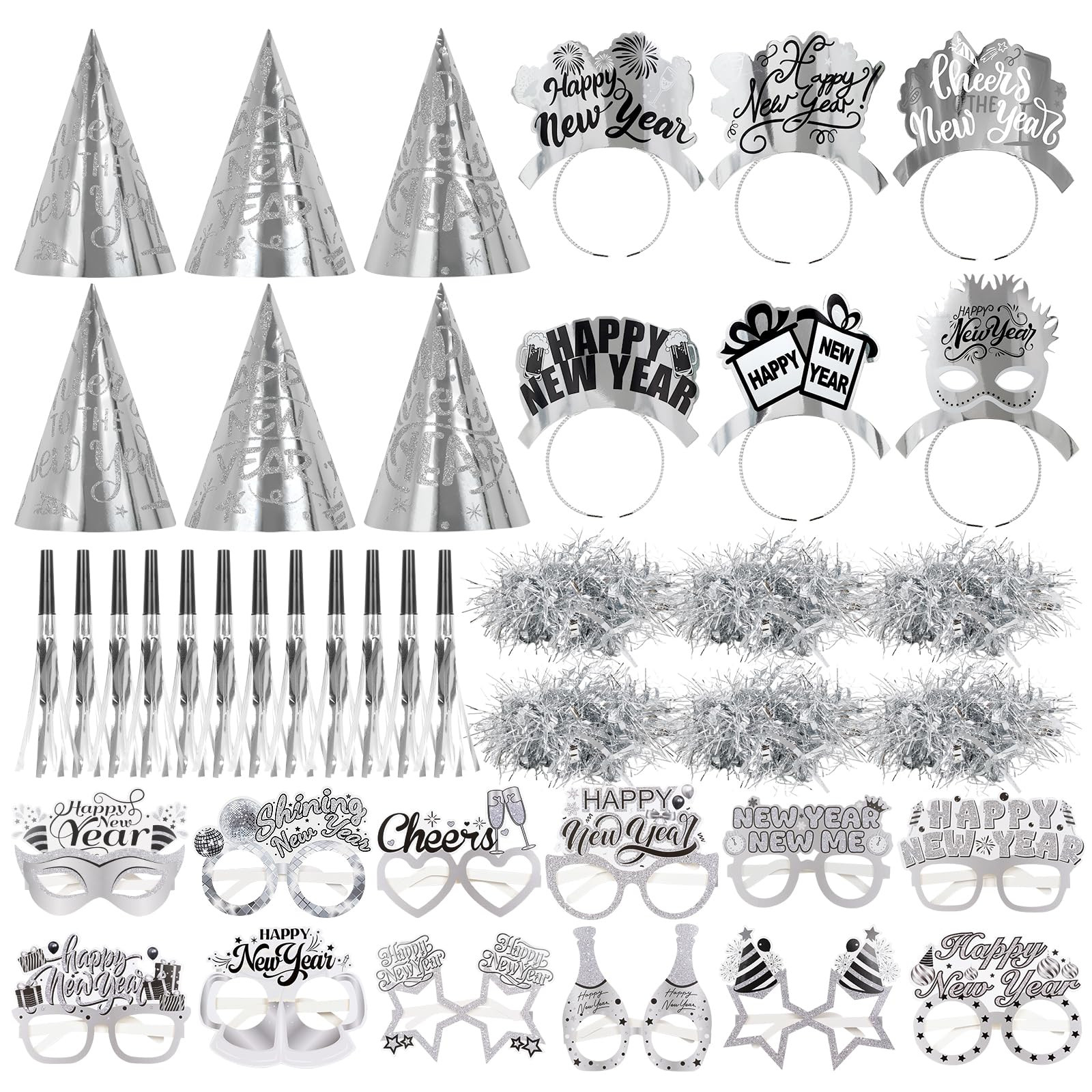 2026 Glitter NYE Party Supplies Decorations, 42pcs New Years Eve party Supplies kits Silver New Y... | Amazon (US)