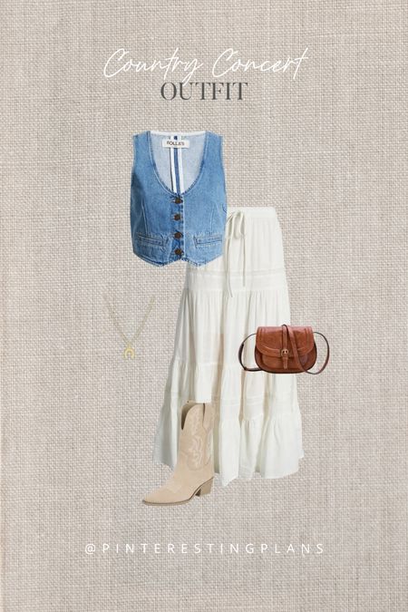 Country concert outfit idea. Western boots. Denim vest. White maxi skirt.

#LTKitbag #LTKstyletip #LTKshoecrush