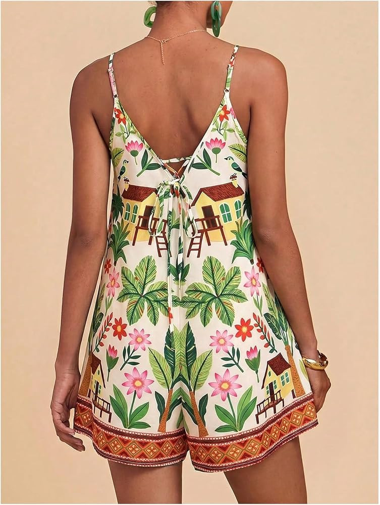 Milumia Women's Tropical V Neck Romper Summer Vacation Boho Beach Outfits | Amazon (US)