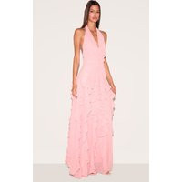 Light Pink Plunge Ruched Frill Detail Maxi Dress | PrettyLittleThing US