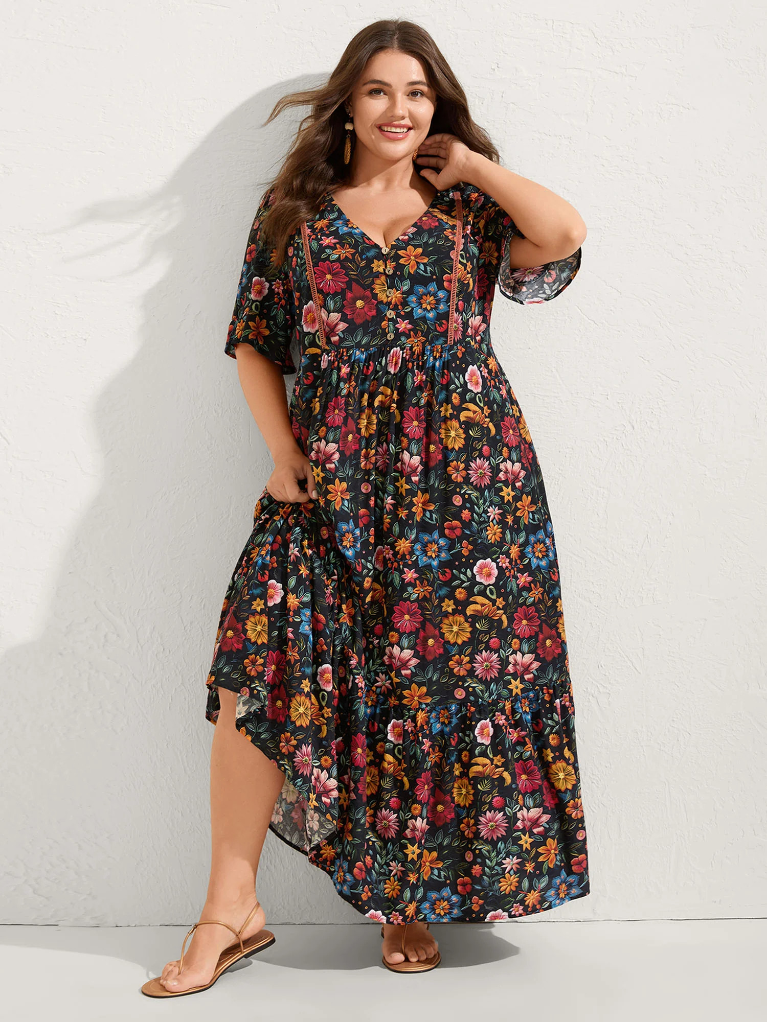 Rayon Floral Lace Trim Button Maxi Dress | Bloomchic