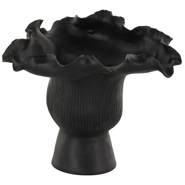 DecMode 8" Abstract Floral Inspired Black Ceramic Vase with Linear Grooves | Walmart (US)