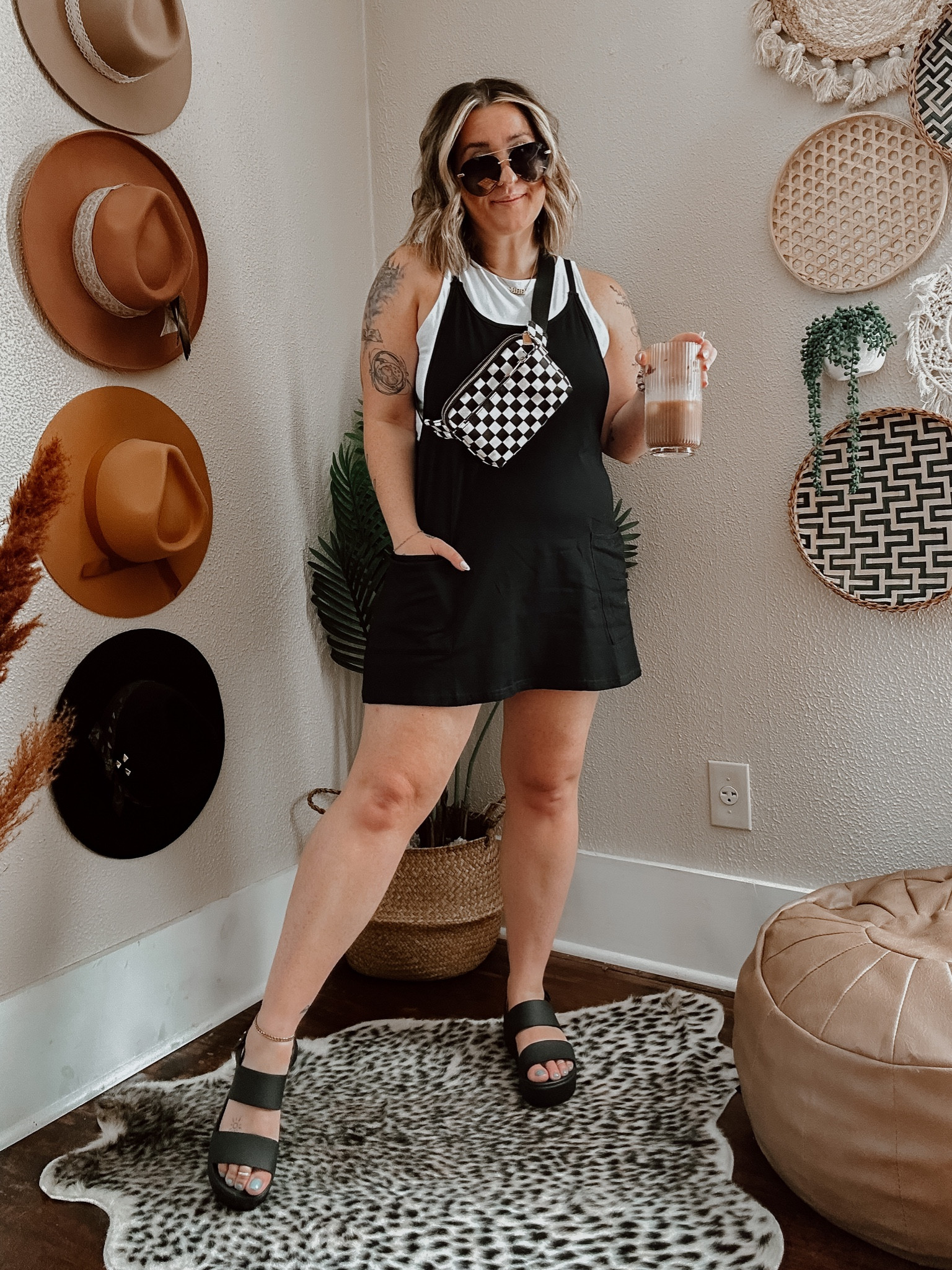 Day 1/30 summer casual outfit ideas! 

Hot shot mini dress dupe in black (small, 5’1) paired with white double lined tank (med) and checkered belt bag with black platform croc Brooklyn sandals (tts) 

#LTKstyletip #LTKFind #LTKshoecrush