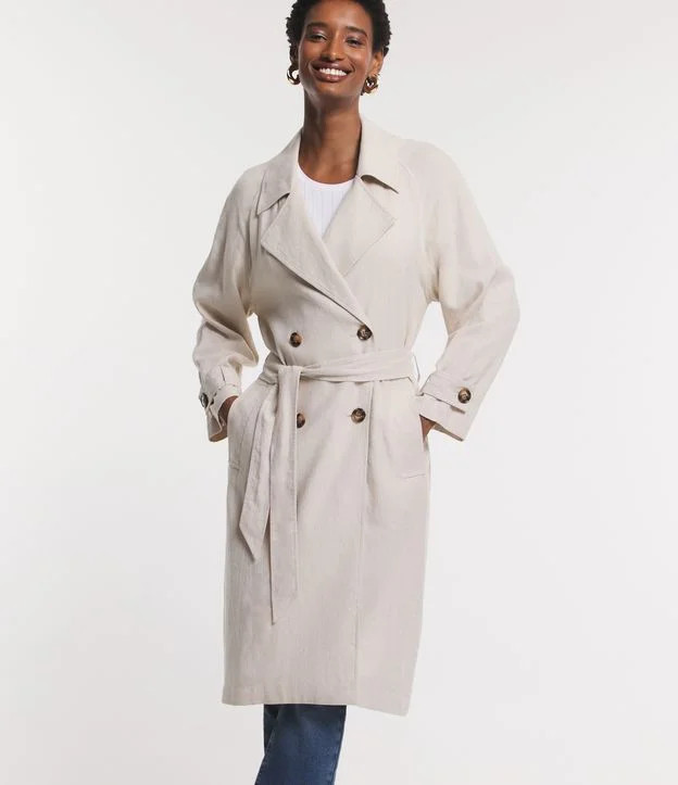 Jaqueta Trench Coats em Viscolinho com Botões e Faixa na Cintura Bege | Renner (BR)