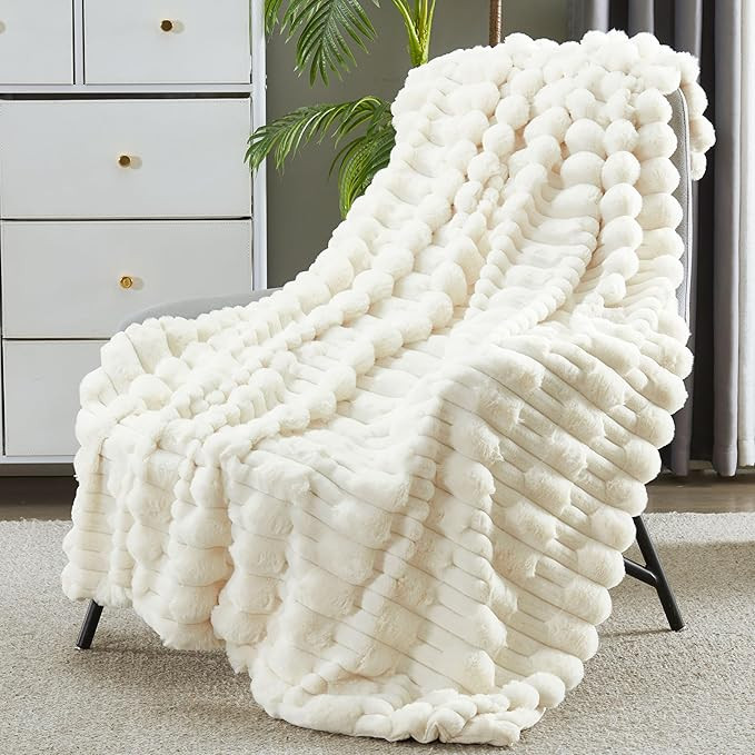 JONIYEAR Soft Fluffy Striped Faux Rabbit Fur Throw Blanket for Couch 50" x 60", Decorative 3D Geo... | Amazon (US)