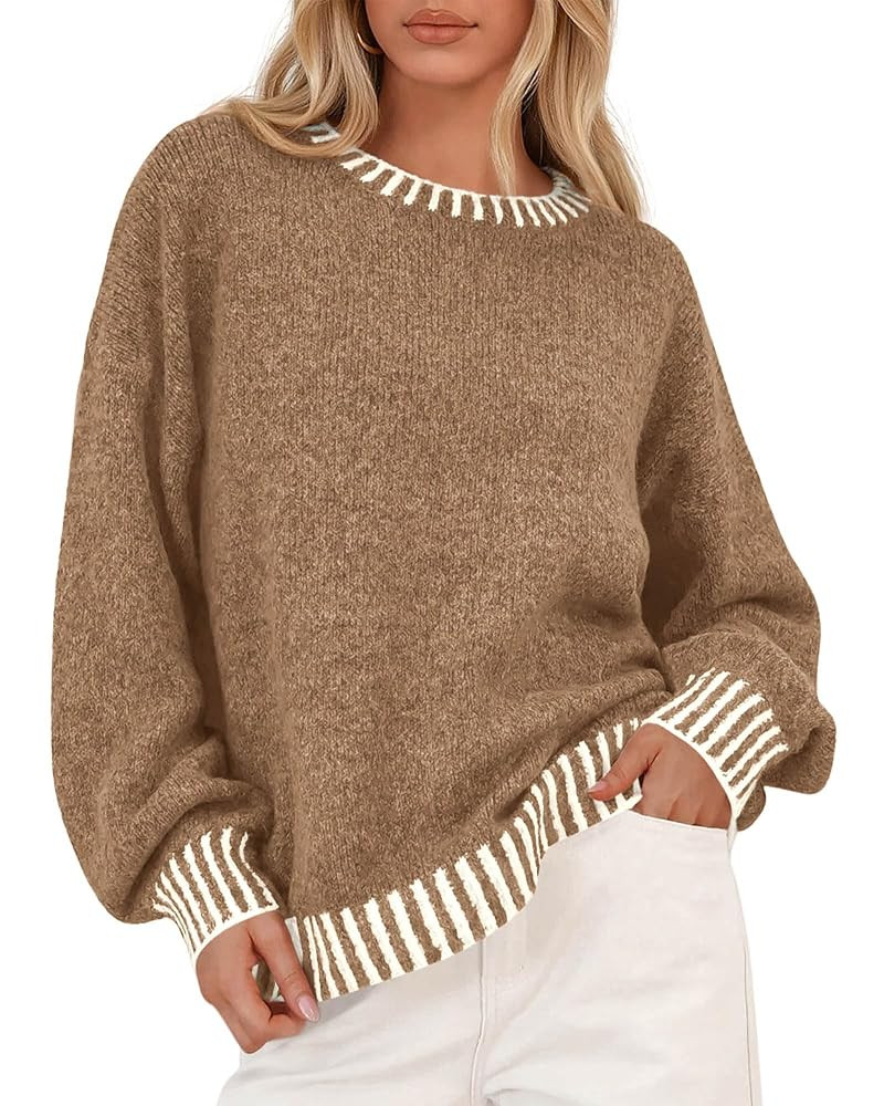 KIRUNDO Oversized Sweaters for Women 2025 Long Sleeve Crewneck Fall Tops Contrast Chunky Knit Pul... | Amazon (US)