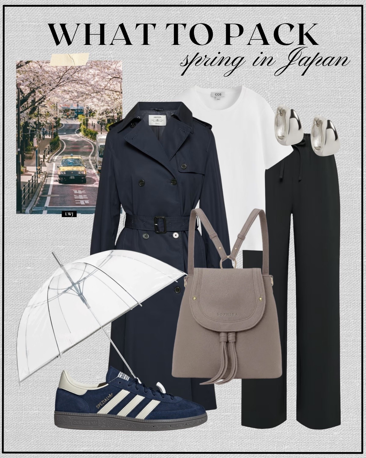 spring outfit inspo for japan

navy trench coat / white tee / aritzia lodge pants / sophiya backpack / adidas handball spezial sneakers / clear umbrella / silver earrings / spring style  

 

#LTKTravel