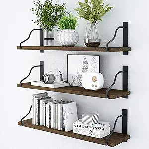 Floating Shelves Set of 3, 17 Inches Solid Wood Wall Mounted Shelves for Wall Storage, Metal Shel... | Amazon (US)