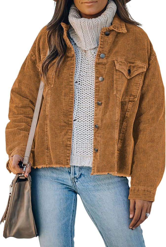 Amazon.com: Dokotoo Womens Winter Plus Size Casual Corduroy Jacket Women Plain Autumn Long Sleeve... | Amazon (US)