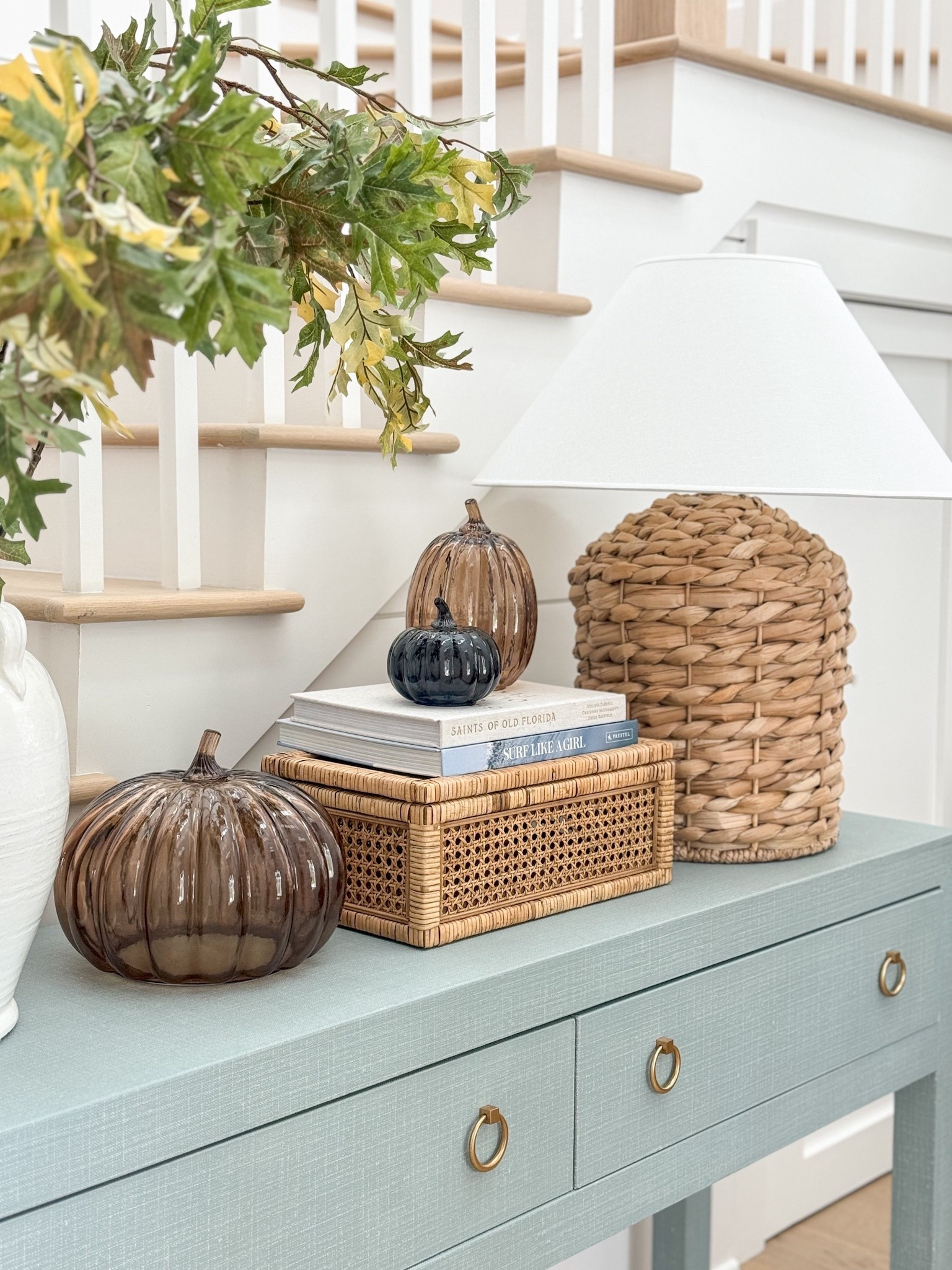 *Our console table, faux oak leaves, and lamp are on major sale!* Our fall entryway from last year that includes a dusty blue linen console table, faux oak leaves, glass pumpkins, cane boxes, and a seagrass table lamp.
.
#ltkhome #ltkfindsunder50 #ltkseasonal #ltkstyletip #ltksalealert #ltkhalloween #ltkcon

#LTKHalloween #LTKHome #LTKSeasonal