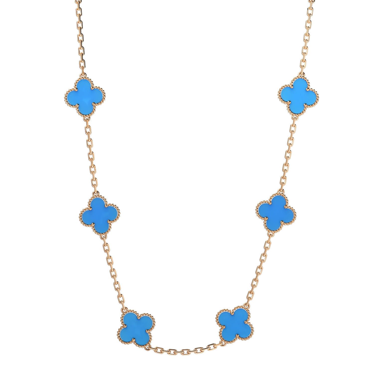 18K Yellow Gold Blue Agate 10 Motifs Vintage Alhambra Necklace | FASHIONPHILE (US)