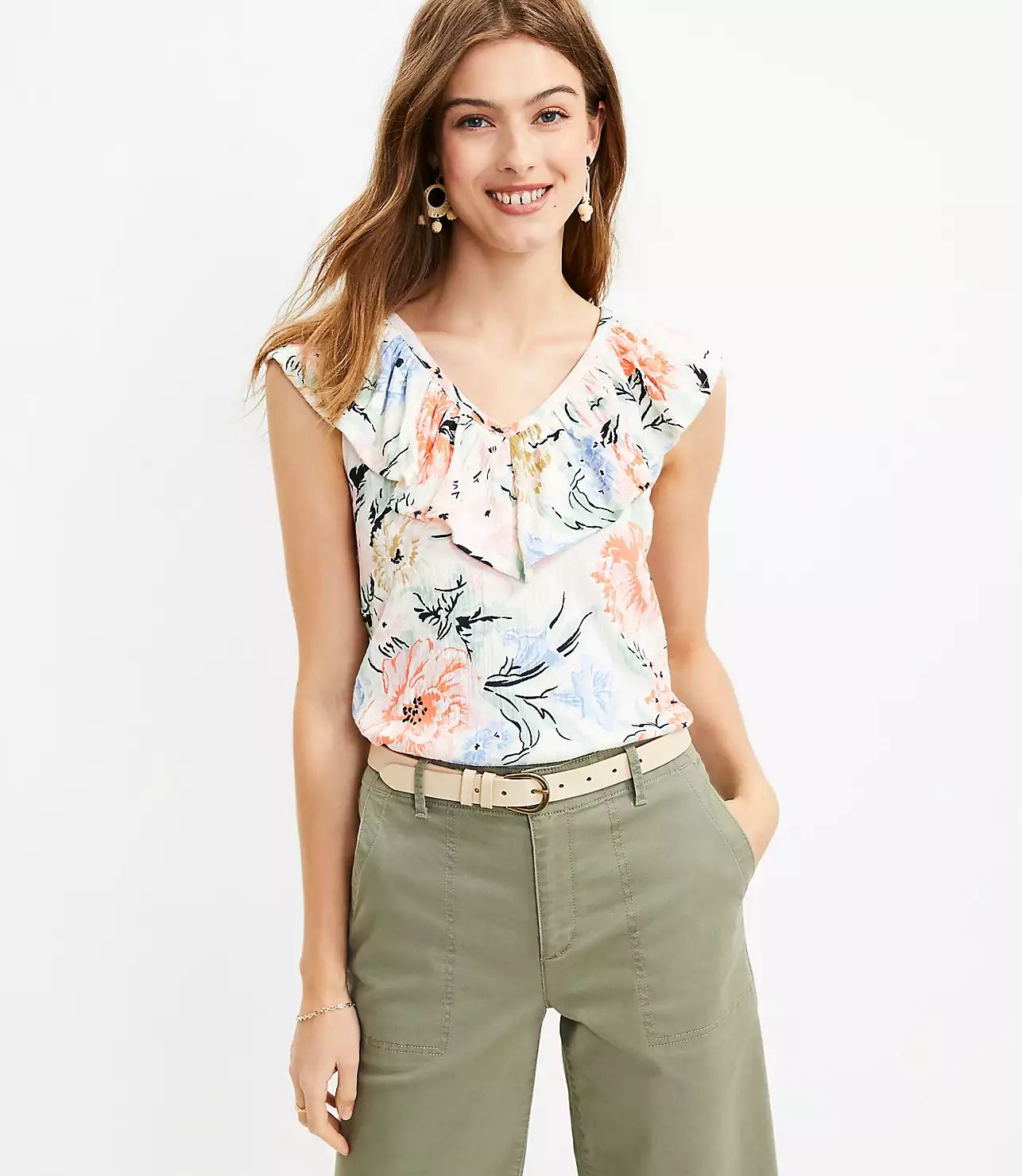 Garden Crinkle Ruffle Double V Top | LOFT