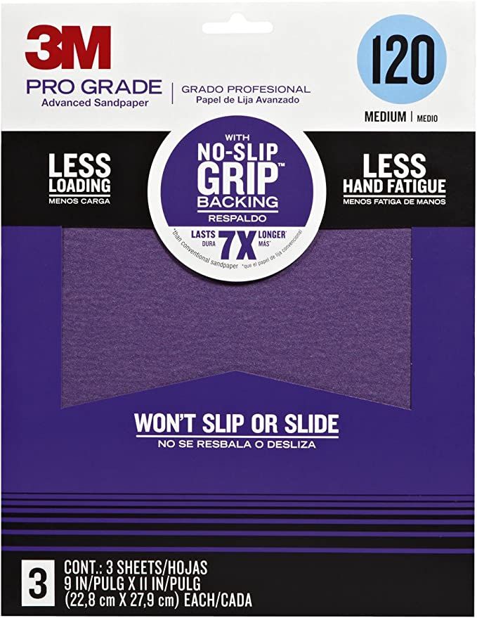 3M Pro Grade No-Slip Grip Sandpaper, 3-Pack, 120-Grit | Amazon (US)