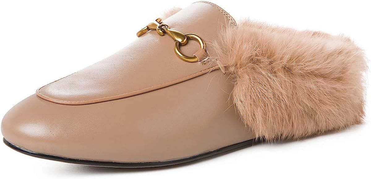 Fur Mules for Women Leather Low Heel Loafers Pointed Toe Backless Slides Rabbit Fur Mule Flats Sh... | Amazon (US)