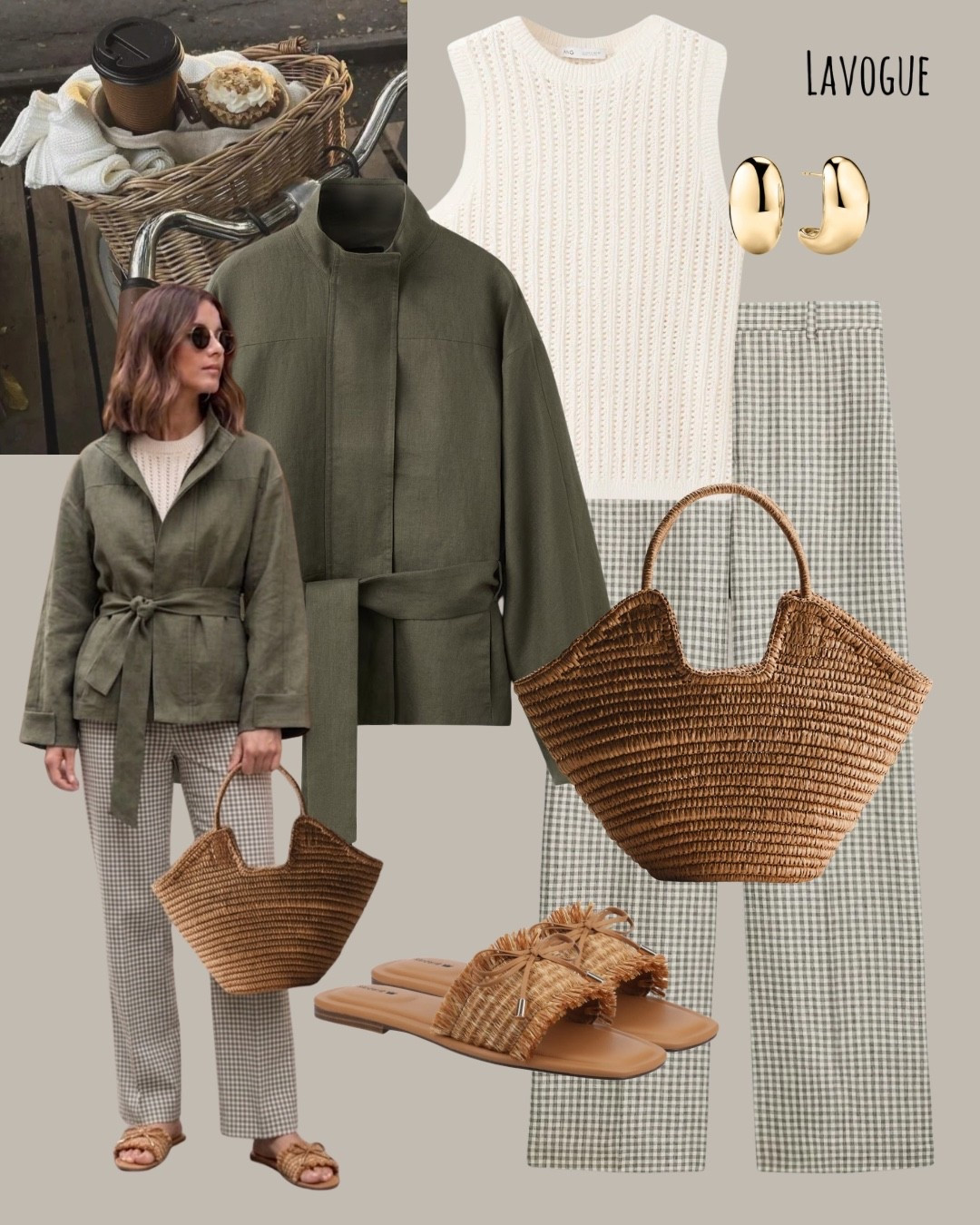 Fresh + playful neutrals 🌿✨ Olive jacket over a white knot top with gingham pants for that easy, put-together vibe. Finished with a natural bucket bag and matching slippers—effortless and chic 🤍 
Shop Below 👇🏼 
#LTKStyle #EverydayOutfit #EffortlessChic

#LTKootd #LTKSeasonal