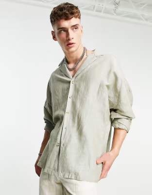 ASOS DESIGN drop shoulder oversized linen shirt with revere collar in green | ASOS | ASOS (Global)