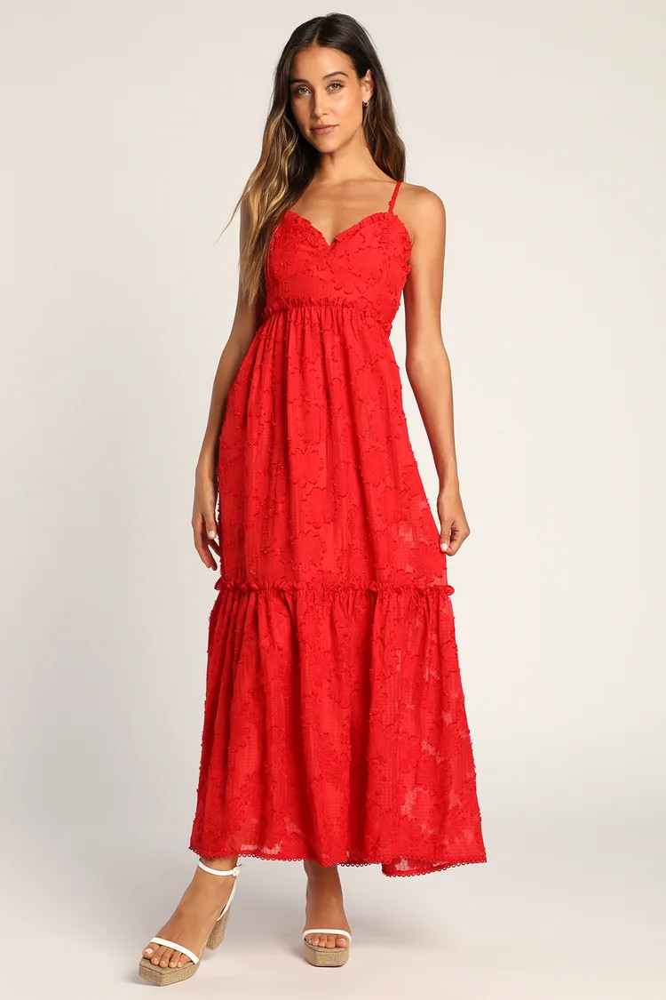 Charm and Charisma Red Burnout Floral Midi Dress | Lulus (US)