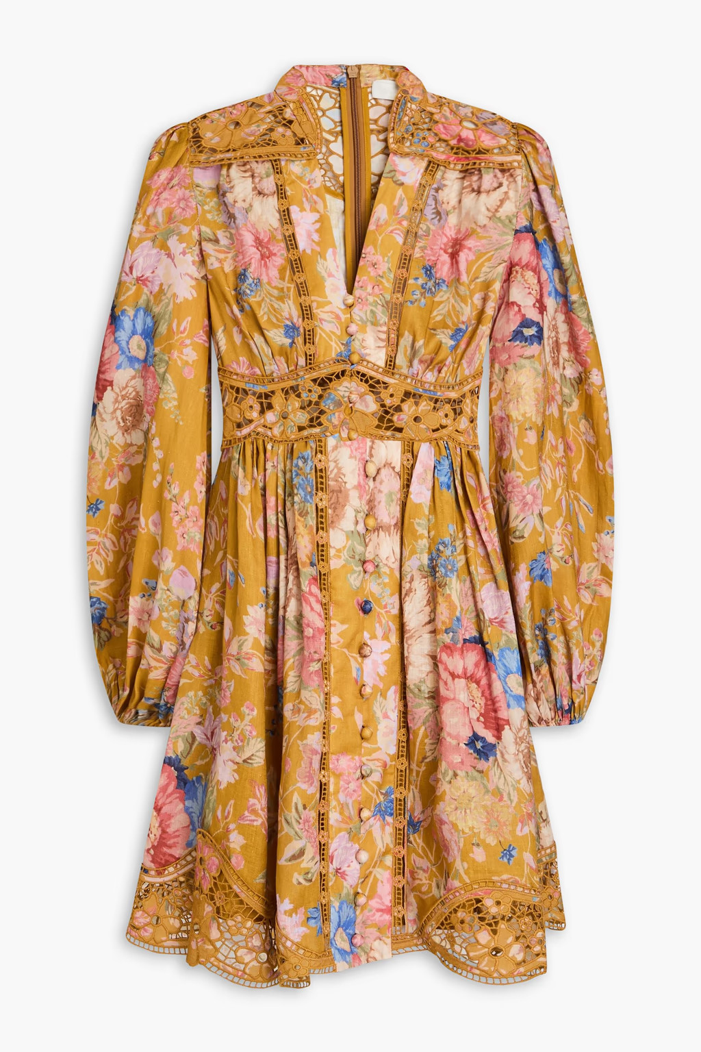 Guipure lace-trimmed floral-print linen mini dress | The Outnet (US and CA)