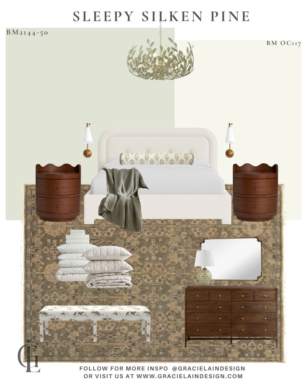 A calm bedroom wrapped in Benjamin Moore’s 2144-50 sets the tone for a space that feels equal parts nostalgic and refined. A modern twist on an upholstered bed along with warm wood tones layer in quiet depth.  Delicate scalloped details soften the architecture with a gentle, romantic rhythm. A grounded wool rug anchors the room, and a soft green chandelier casts the most delicate glow—like early morning light filtering through spring leaves.

Plush linens invite you to linger a little longer, their airy texture balanced by the quiet gleam of brass accents that catch the light just so. Every element feels considered yet effortless, creating a bedroom that whispers rather than shouts—a retreat designed for slow mornings, handwritten notes on the nightstand, and the simple luxury of stillness.

This is serenity, thoughtfully layered.

#BedroomDesign #InteriorStyling #BenjaminMoore #SoftGreen #SereneSpaces #WarmWoods #ScallopedDetails #WoolRug #BrassAccents #GracieLainDesign

Discover more inspired spaces at gracielaindesign.com ✨ 

 #LTKHome #LTKSaleAlert