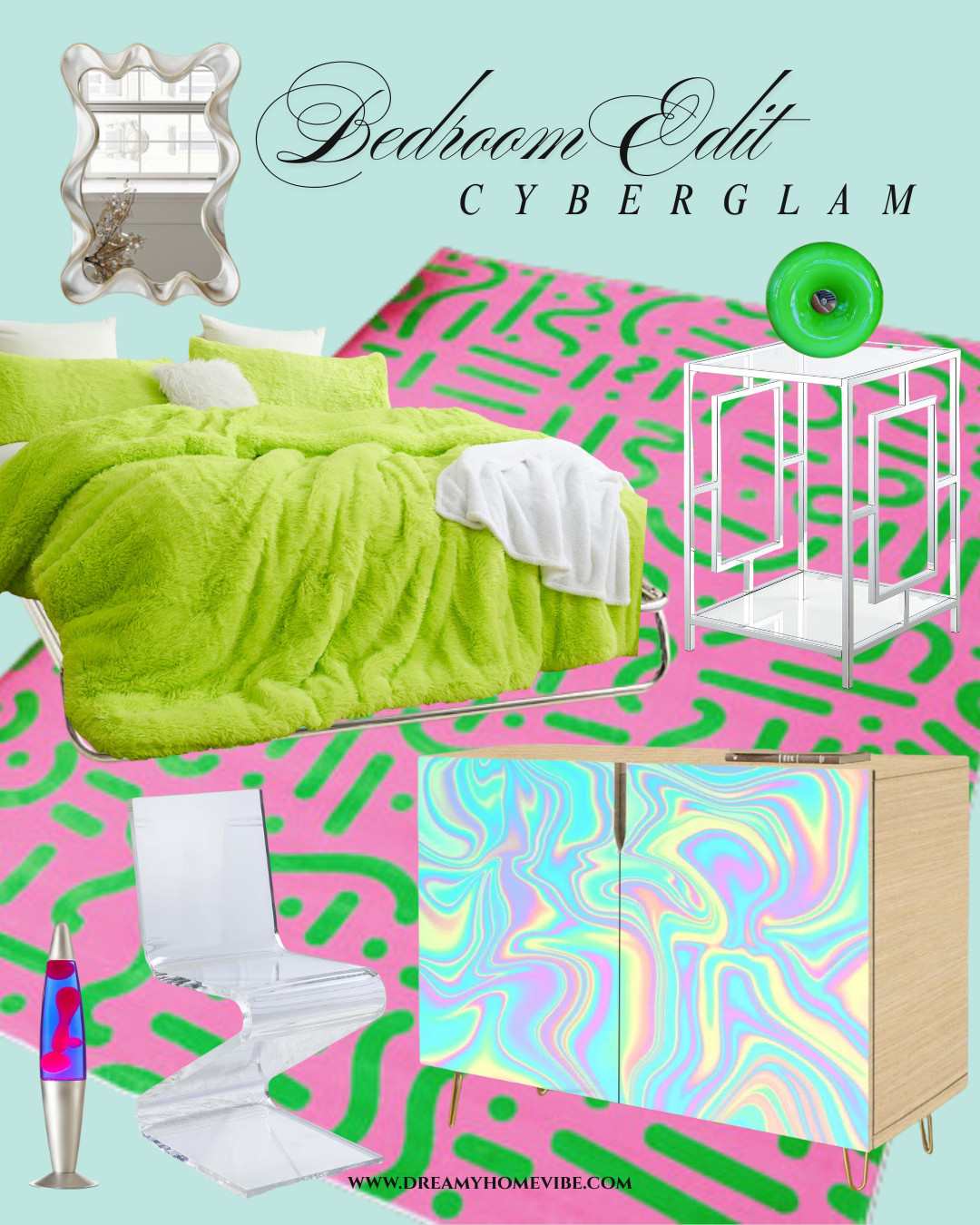 Turn your bedroom into a colorful, retro-futuristic dream ✨ Neon greens, hot pinks, and bold cyberglam pieces make this edit impossible to ignore. 

 #LTKHome