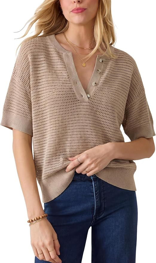 Dqbeng Womens Short Sleeve Crochet Sweater V Neck Hollow Out Knit Pullover Top | Amazon (US)