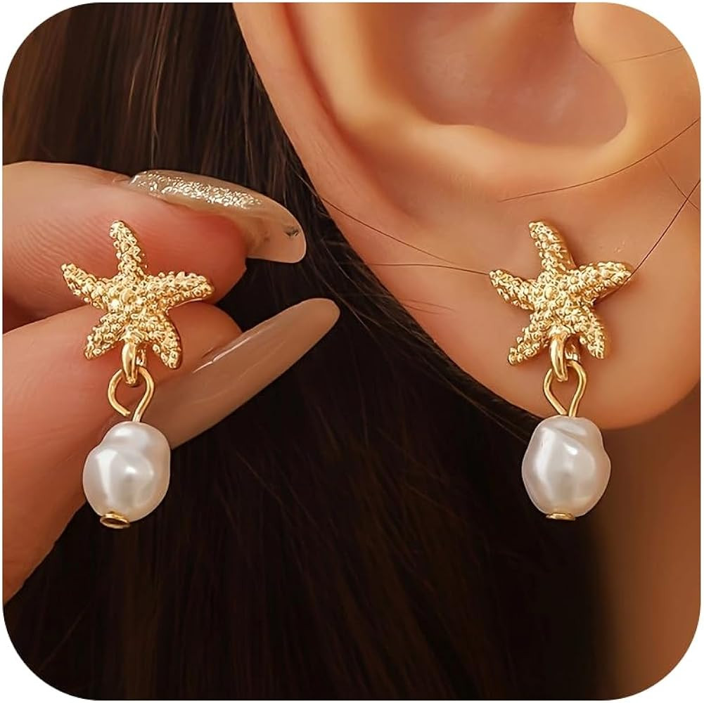 Starfish Earrings for Women Gold Sea Shell Earrings Summer Beach Vacation Outfits for Women Trend... | Amazon (US)