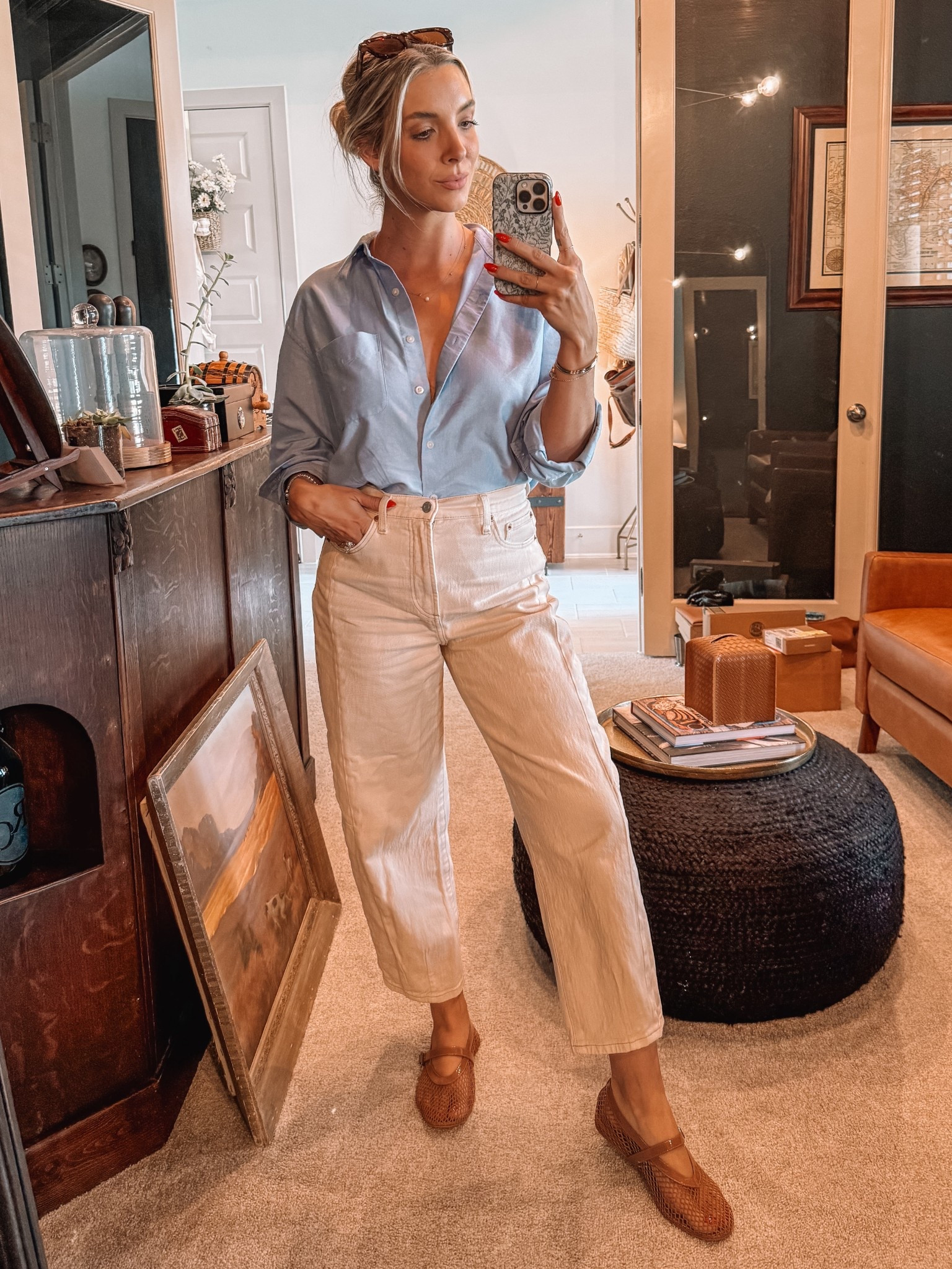 Size 28 in jeans, could’ve done a 27. M in shirt/TTS. Shoes TTS