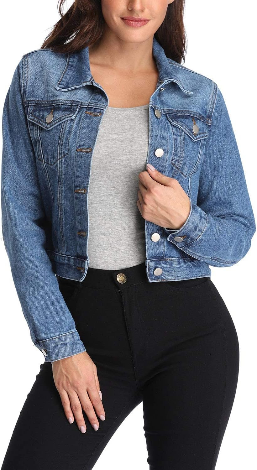andy & natalie Women's Denim Jackets Cropped Long Sleeve Basic Button Down Crop Jean Shacket with Pockets | Amazon (US)