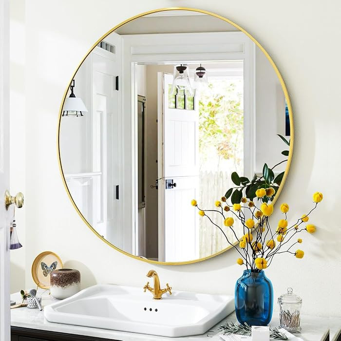 VooBang Gold Round Bathroom Mirror, 24 inch Circle Wall Mounted Hanging Mirror with Simple Modern... | Amazon (US)
