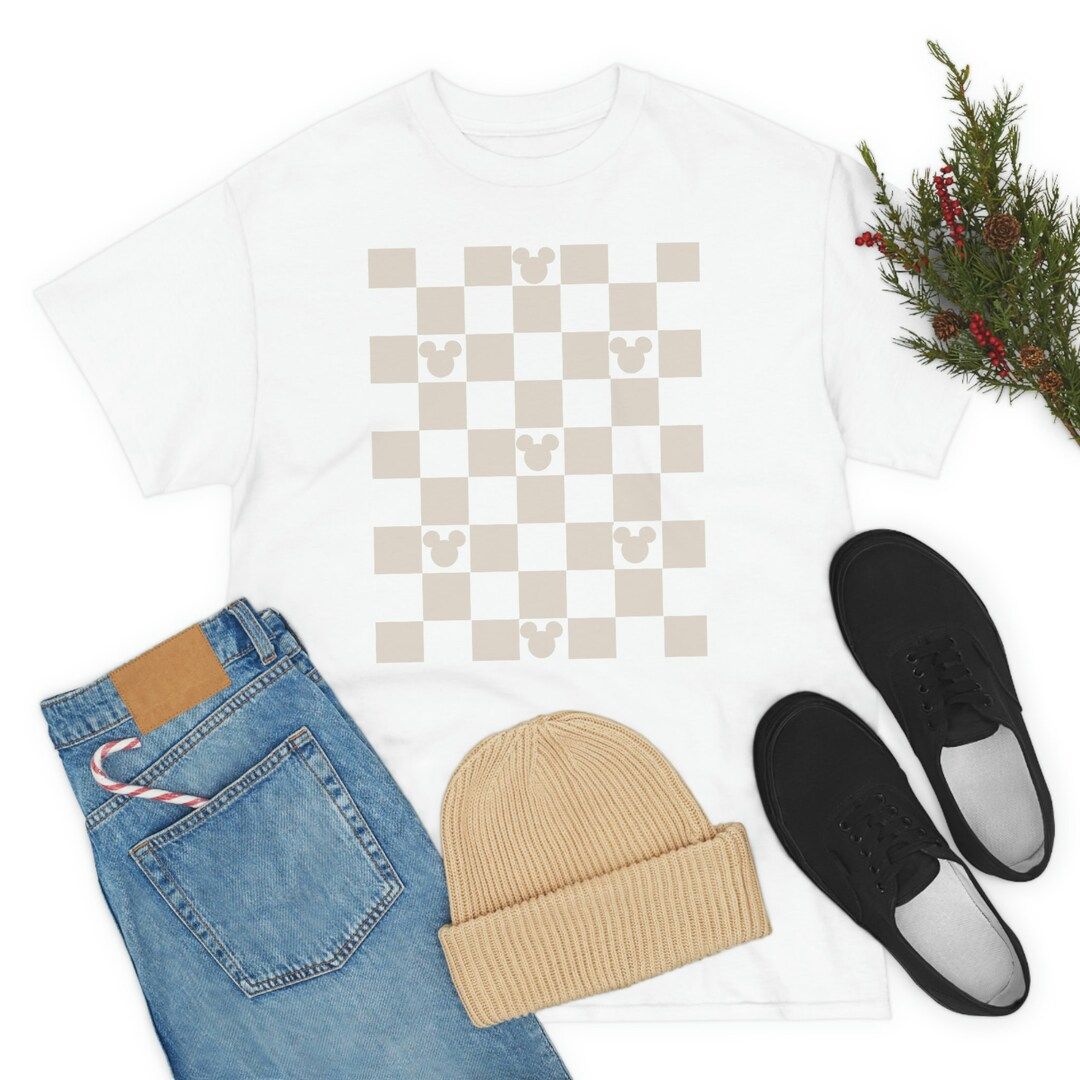 Neutral Mickey Mouse Checkered Cotton Tee | Etsy (US)