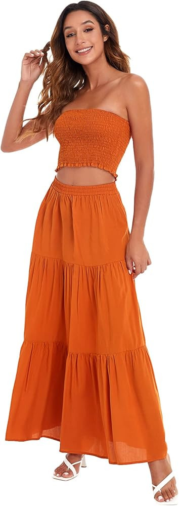 Floerns Women's Summer Printed 2 Piece Outfit Crop Tube Tops and Split Long Skirt Set | Amazon (US)