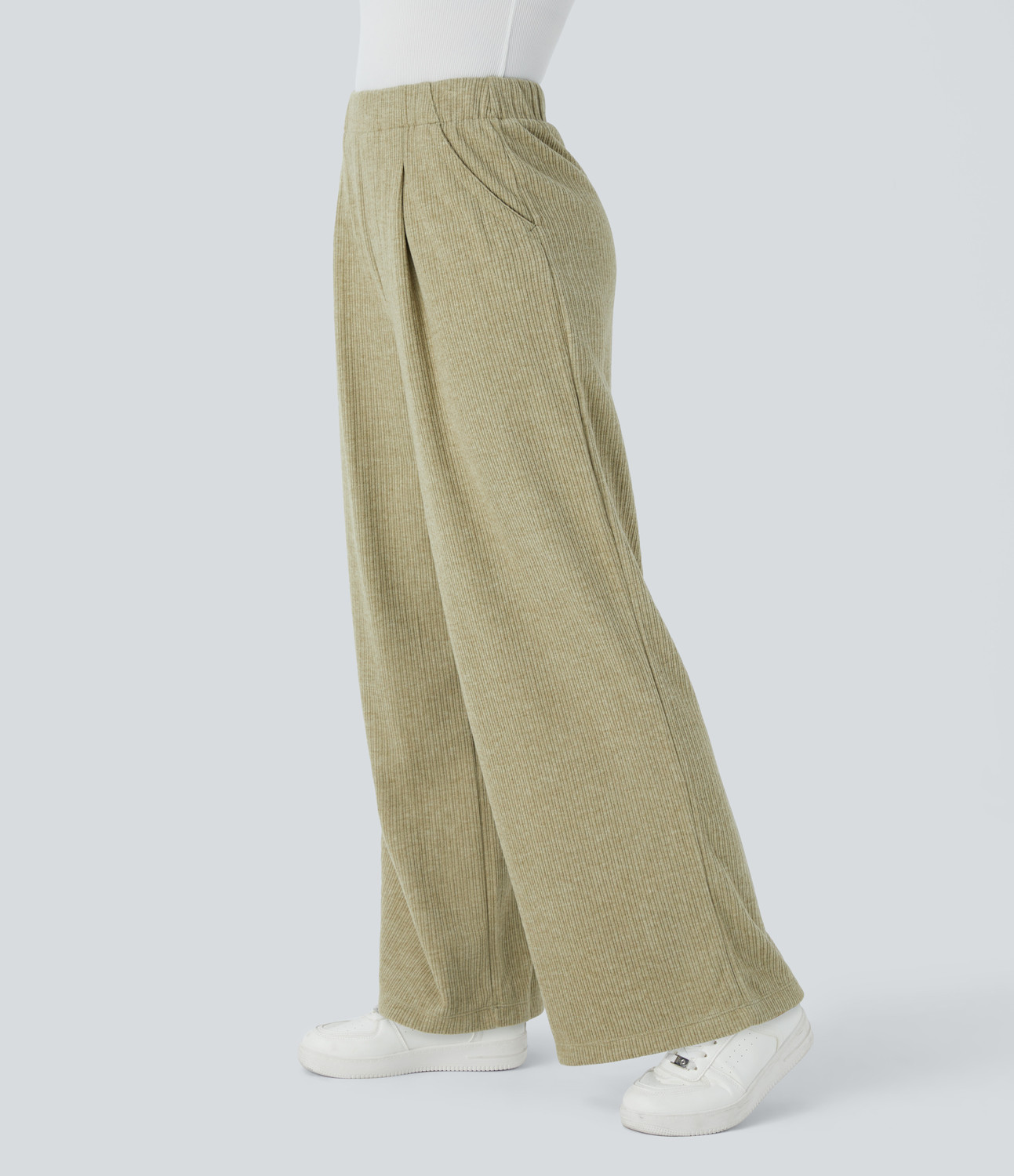 Women’s Ribbed High Waisted Plicated Side Pocket Wide Leg Casual Pants - Halara | HALARA