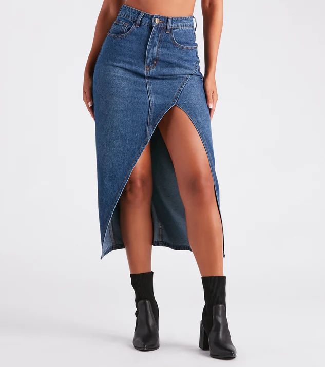 Elevate the Game Denim Slit Midi Skirt | Windsor Stores