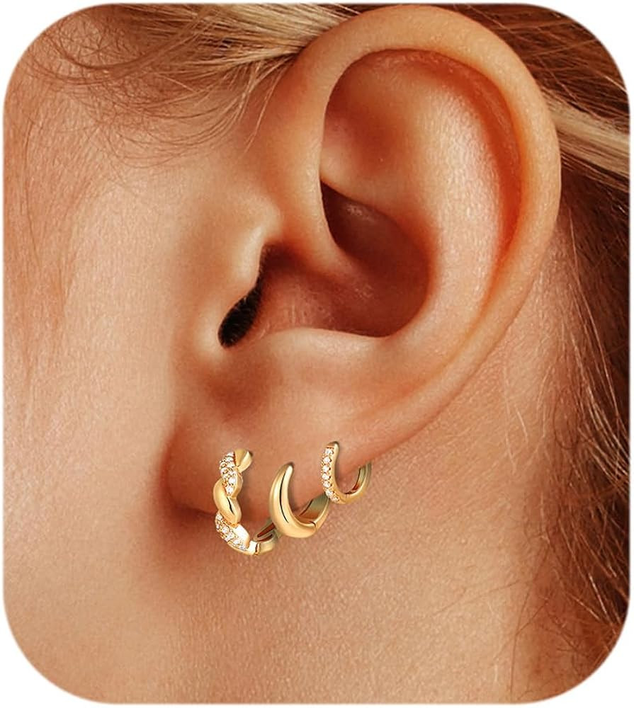 HILXURY Gold Hoop Earrings Set for Women, 3 Pairs 14K Gold Plated Huggie Hoop Earring Hypoallerge... | Amazon (US)
