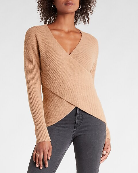 Ribbed Wrap Front Tunic Sweater | Express