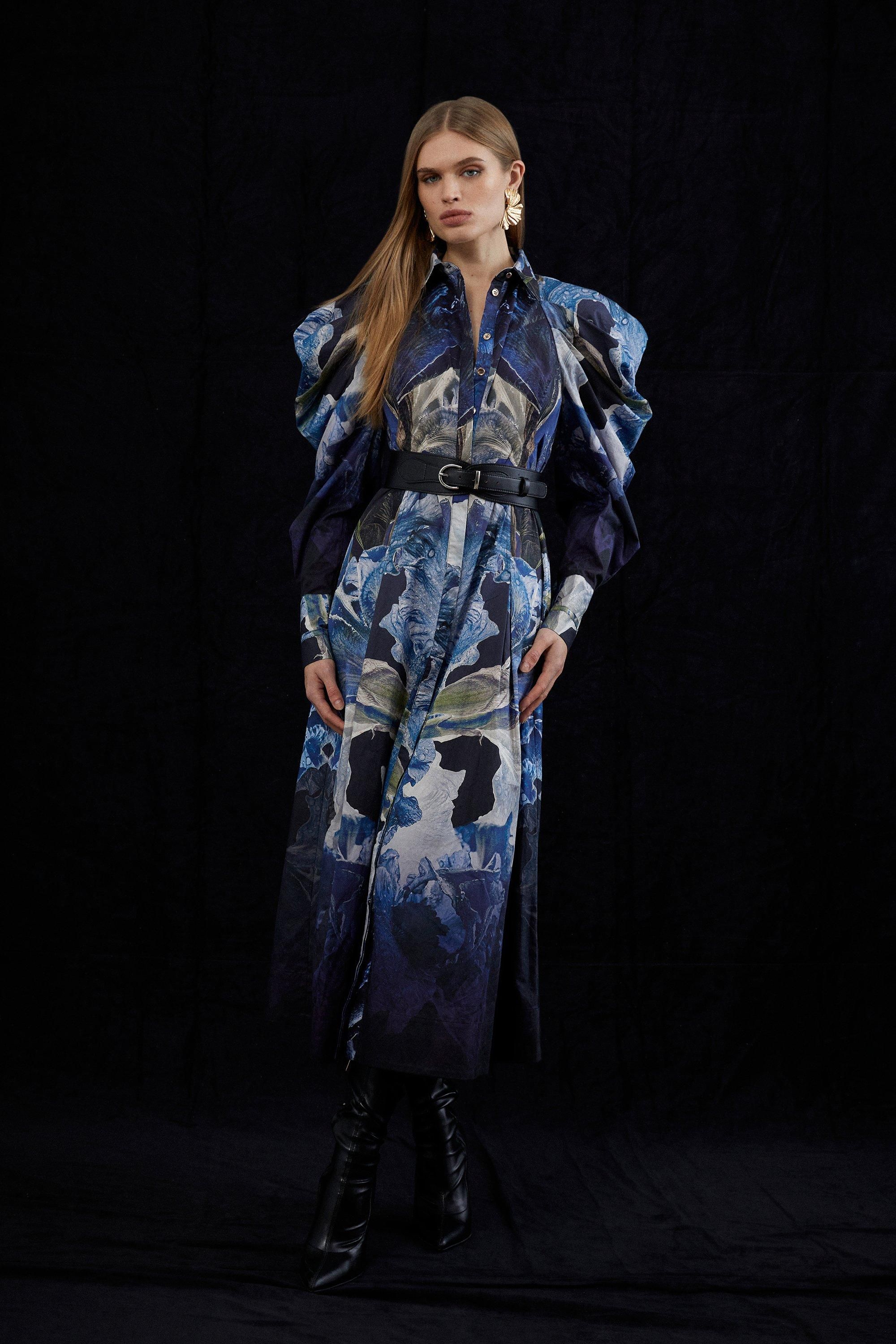 Tall Mirrored Floral Cotton Sateen Midi Dress | Karen Millen UK + IE + DE + NL