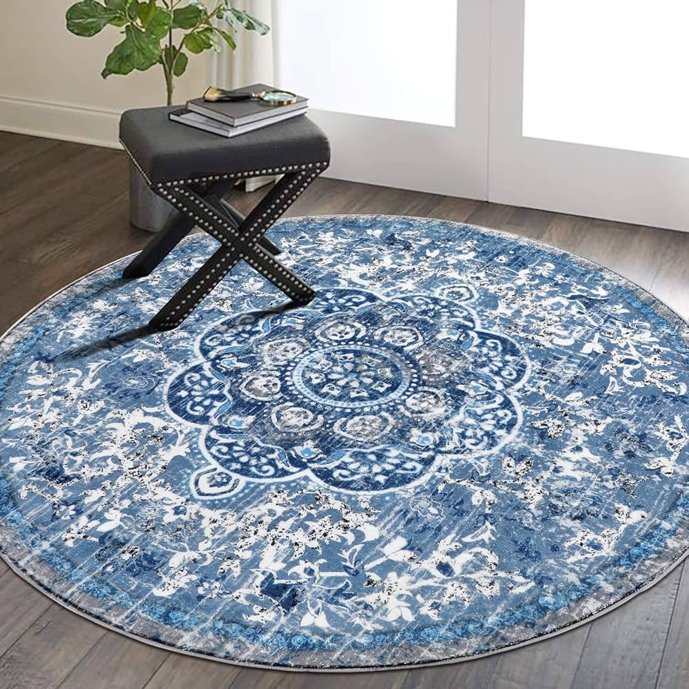 HEBE Boho Round Area Rug 4Ft Non Slip Washable Rug for Living Room Bedroom Vintage Distressed Med... | Amazon (US)