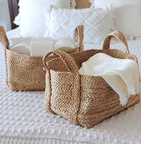 Woven Storage Basket Set of 2 Jute Baskets, Decorative Multipurpose Bins for Bathroom, Living Roo... | Amazon (US)