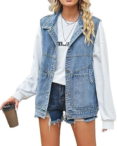 PAODIKUAI Women's Oversized Denim Vest Mid Long Jean Vest Sleeveless Jackets Distressed Vest Cott... | Amazon (US)