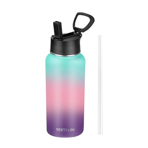 Insulated Water Bottle With Straw, 32 oz Vacuum Insulated Stainless Steel Sports Water Flask, Keeps Cold and Hot, Metal Water Bottle Wide Mouth for Gym Travel Camping (lucky Rainbow) | Amazon (US)