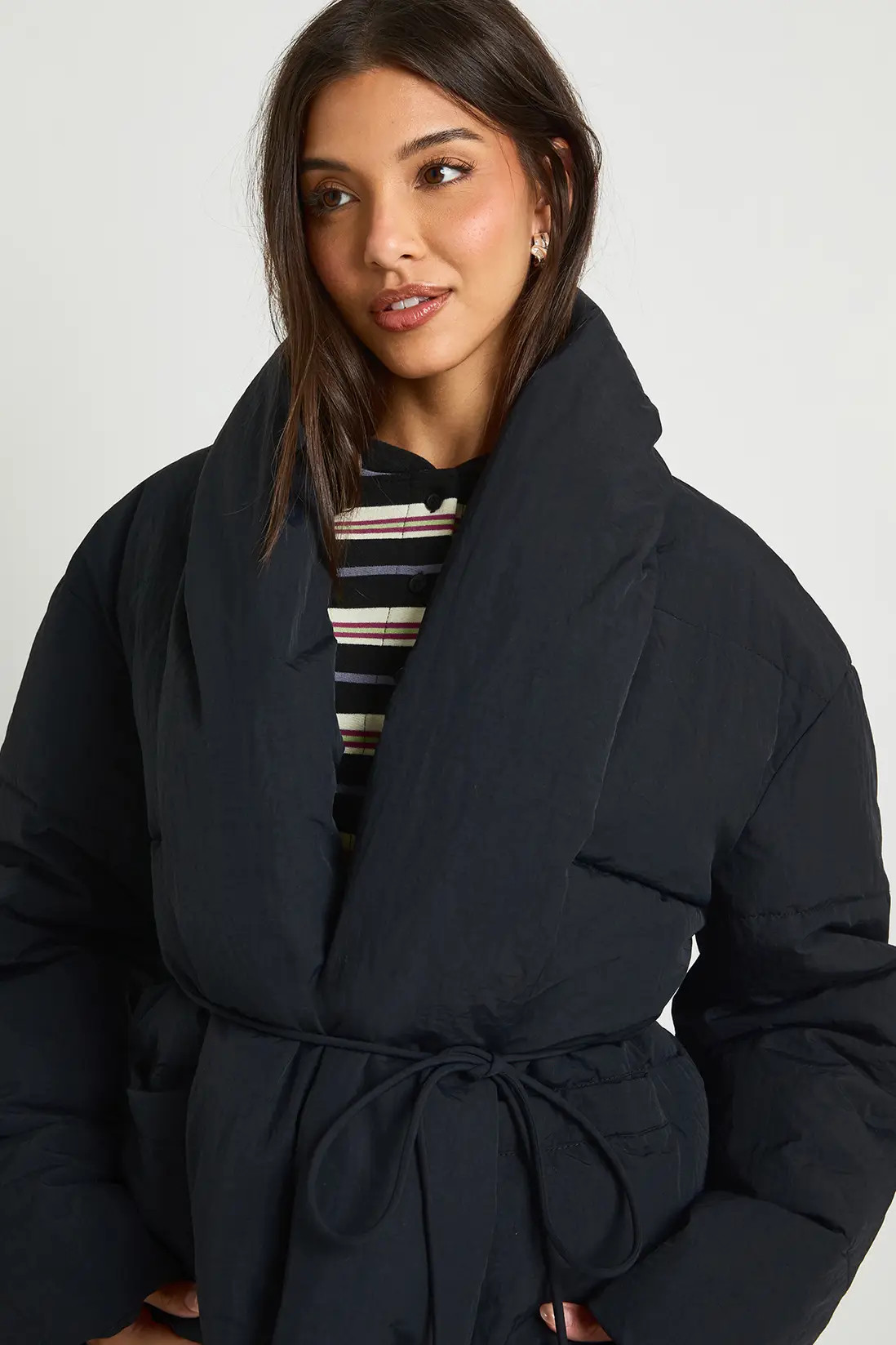 Tie Detail Short Puffer Coat | boohoo (US & Canada)