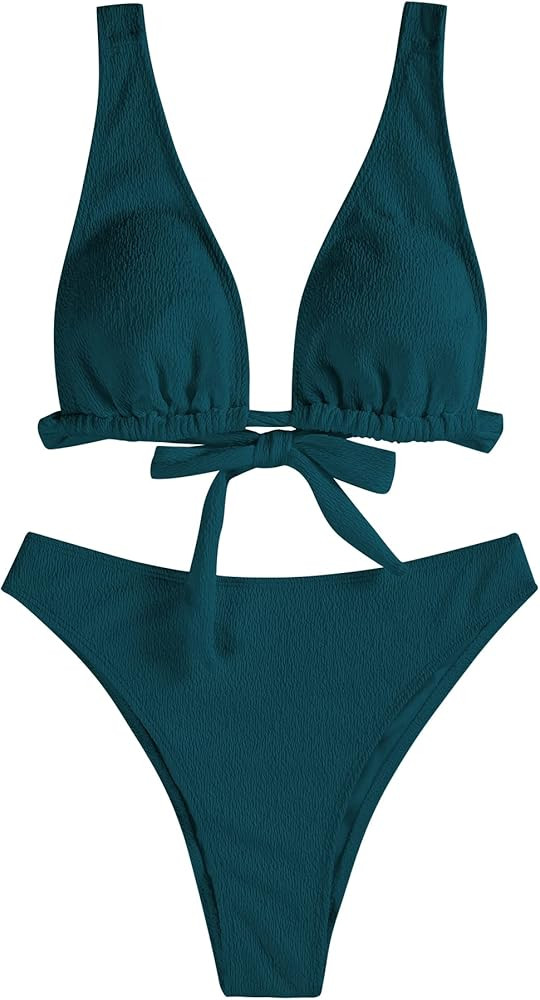 ZAFUL Womens Back Tie Bikini Set V Neck High Waisted Crinkle Longline Plunge Bikini Two Piece Bat... | Amazon (US)
