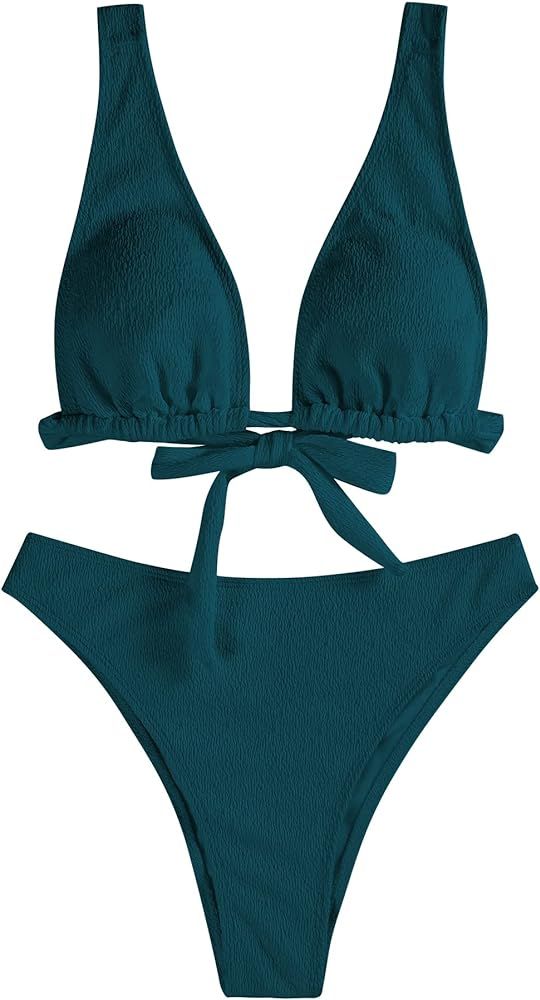ZAFUL Womens Back Tie Bikini Set V Neck High Waisted Crinkle Longline Plunge Bikini Two Piece Bat... | Amazon (US)