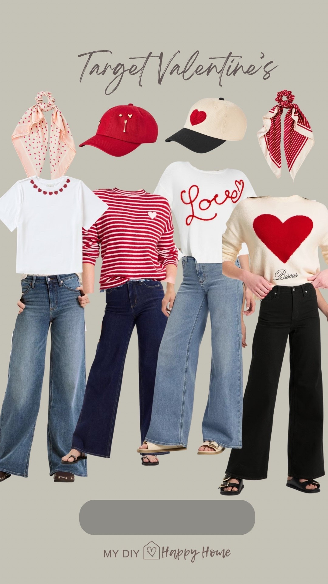 Valentines finds from Target 

Wide leg jeans 
Valentine tops /sweaters
Hat
Satin scrunch scarf  

#LTKMidsize #LTKPetite #LTKValentine